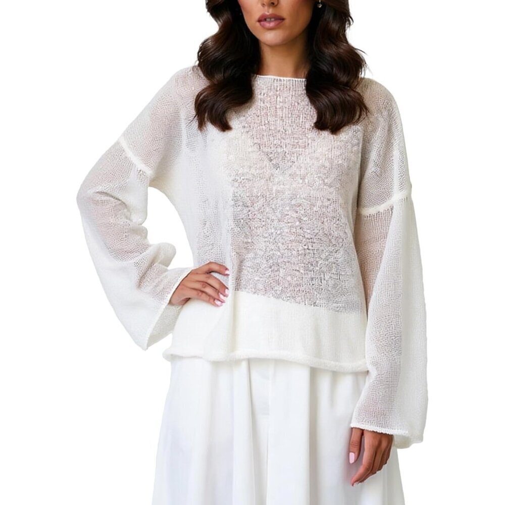 Women's Sheer Knit Sweater Solid Loose Fit Long Sleeve Pullover